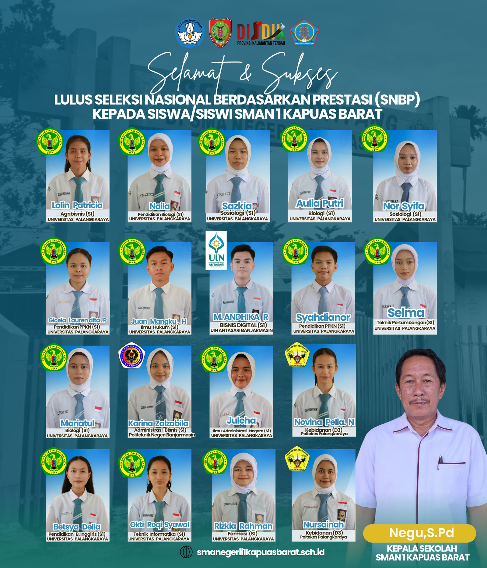 Selamat kepada para siswa/siswi SMAN 1 KAPUAS BARAT yang telah lulus Seleksi Nasional Berdasarkan Prestasi (SNBP).